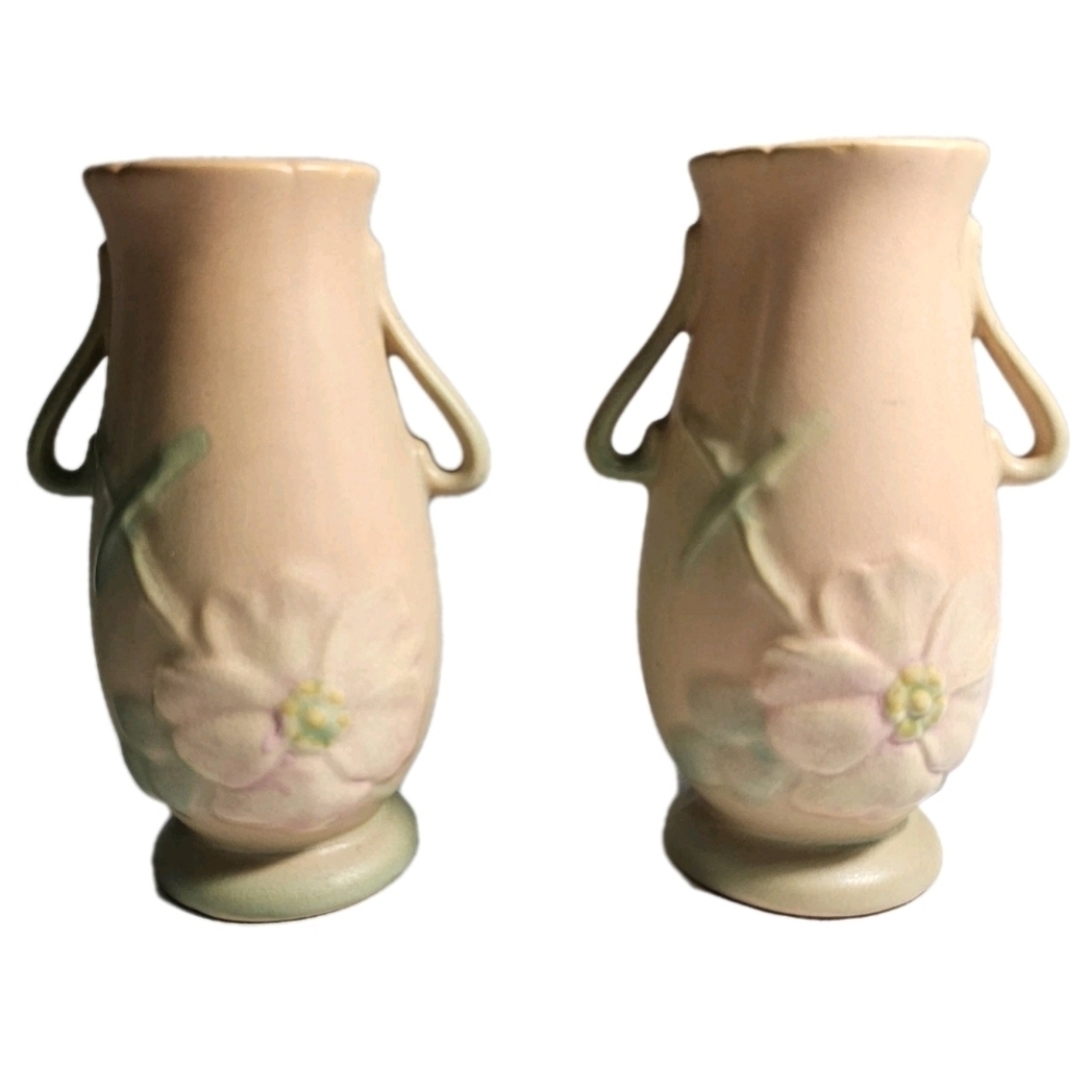 Weller Wild Rose Beige Blush Pink Art Deco Pottery Vintage Collectible Vases (2)